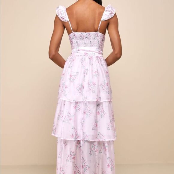 NWT-Lulus- Sweetest Emotion Lilac Floral Ruffled Tiered Bustier Midi Dress-small - Picture 3 of 16